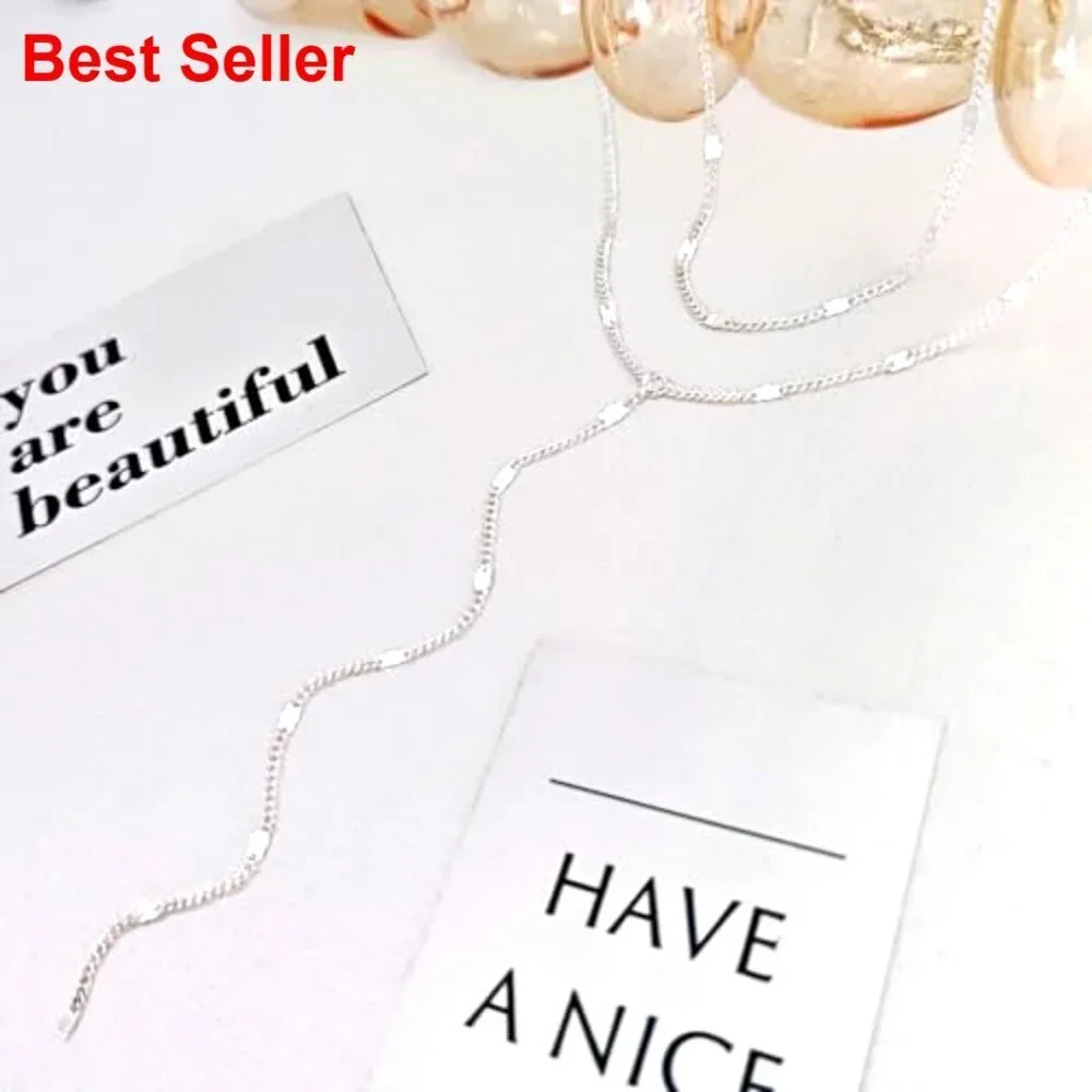 Silver-Layered Lariat Necklace with Y-Shaped Pendant, Adjustable Length